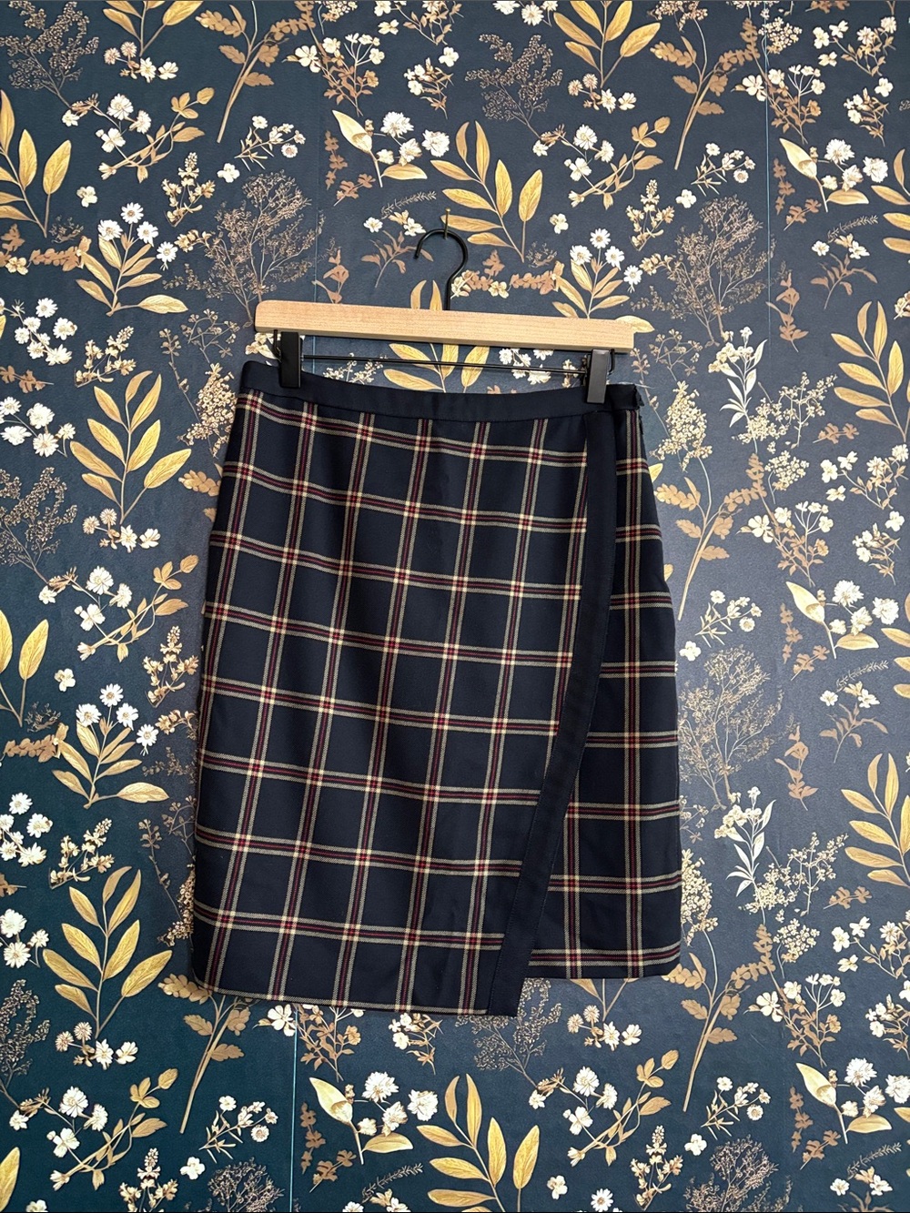 Brooks Brothers Navy Plaid Midi Wrap Skirt with Red and Cream Windowpane Wool